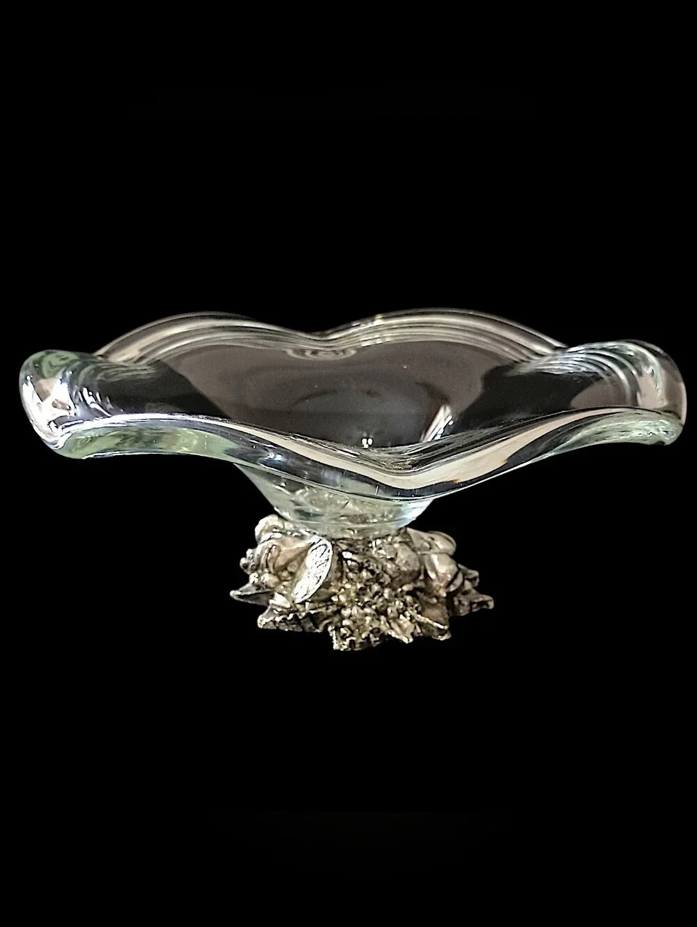 Vintage Murano Cristal Line Compote Bowl Dish Silver Tone Fruit Pedestal Italy